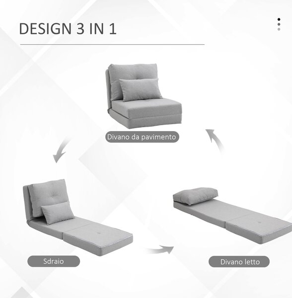 HOMCOM Poltrona Letto 3 in 1 Convertibile e Divano da Terra con Schienale regolabile e 2 Cuscini, Sedia in Chaise Longue, Grigio Chiaro | Aosom Italy