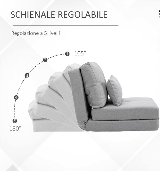 HOMCOM Poltrona Letto 3 in 1 Convertibile e Divano da Terra con Schienale regolabile e 2 Cuscini, Sedia in Chaise Longue, Grigio Chiaro | Aosom Italy