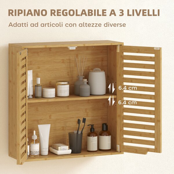 HOMCOM Pensile Bagno con Ripiano Interno Regolabile e Ante a Persiana, in Bambù, 60x20x60 cm, color Legno | Aosom Italy