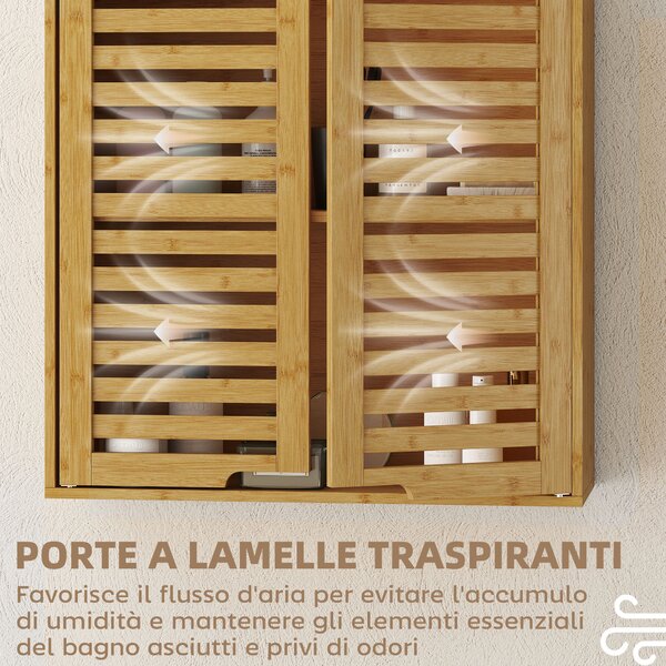 HOMCOM Pensile Bagno con Ripiano Interno Regolabile e Ante a Persiana, in Bambù, 60x20x60 cm, color Legno | Aosom Italy
