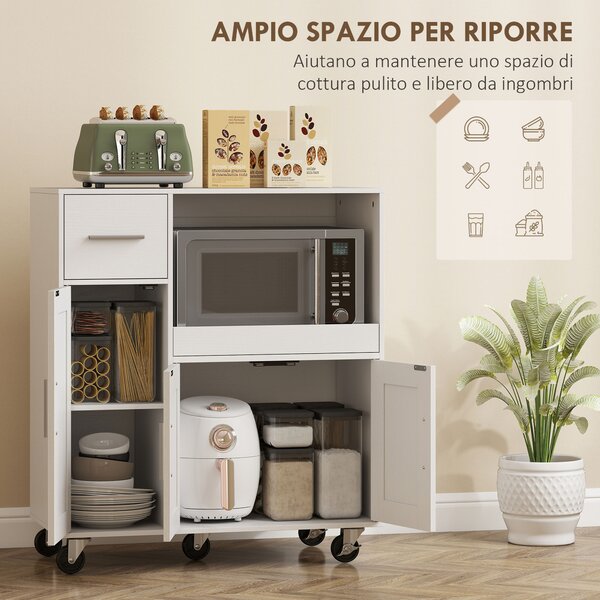HOMCOM Mobiletto Microonde in Legno con Cassetto, 2 Armadietti, Ripiano Aperto e Piano Regolabile, 80x40x88.7 cm, Bianco | Aosom Italy
