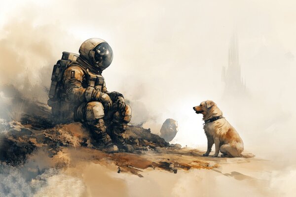 Carta da parati Un astronauta seduto su una roccia che guarda un cane, Carta da parati Spazio, Carta da parati popolare, w03115 - Tapeko.it