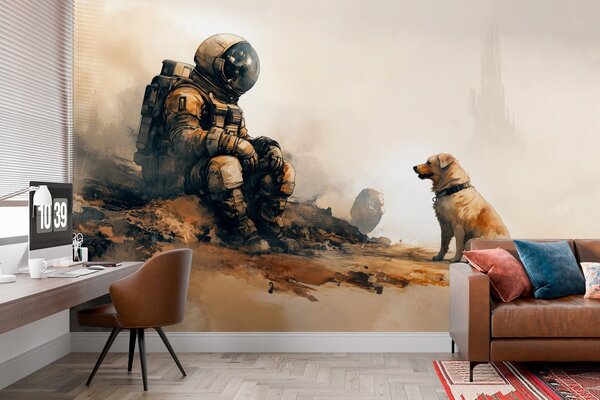 Carta da parati Un astronauta seduto su una roccia che guarda un cane, Carta da parati Spazio, Carta da parati popolare, w03115 - Tapeko.it