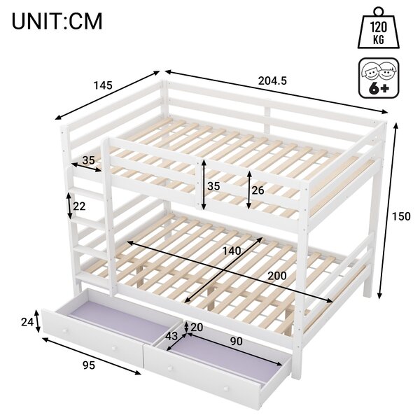Letto a Castello per Bambini 6+ Anni, 140x200 cm, con 2 Cassetti, Senza Materasso, Bianco | Aosom Italy