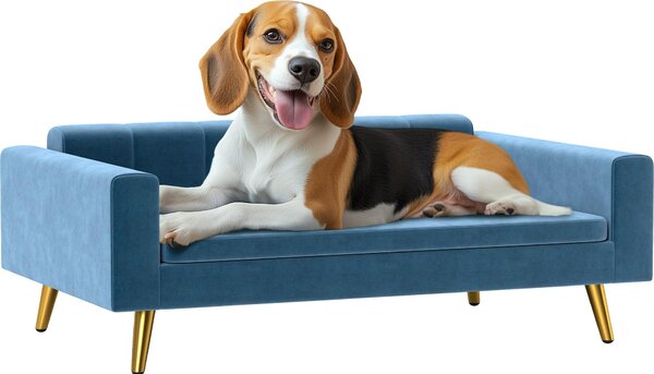 Divano per cani PawHut, letto per cani, rivestimento in velluto setoso, 94 x 59,5 x 31,5 cm, design scandinavo, divano per cani indipendente, con morbido cuscino, gambe in acciaio inox, blu