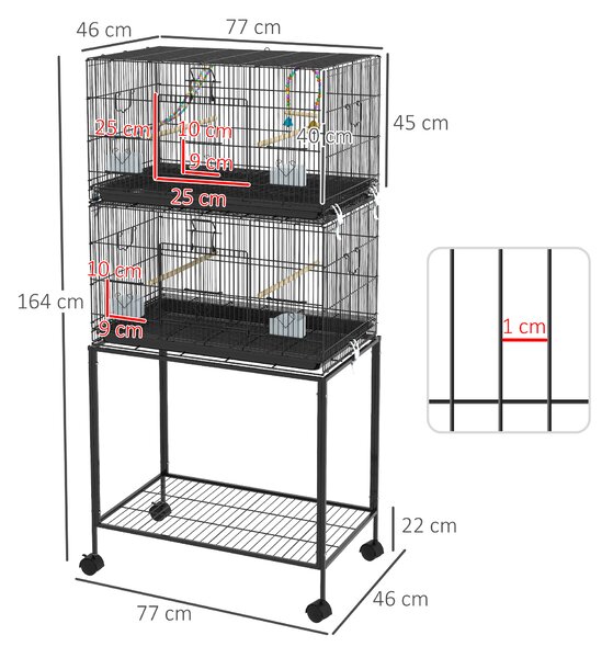 PawHut Gabbia per Uccelli in Acciaio e PP, Design Impilato con Posatoi, Altalene e Scalette, 77x46x164 cm, Nero|Aosom