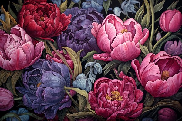 Carta da parati Tulipani e peonie in stile vittoriano, nei colori rosa e, Carta da parati Floreale, Carta da parati Fiori grandi, w08818 : Uwalls.it