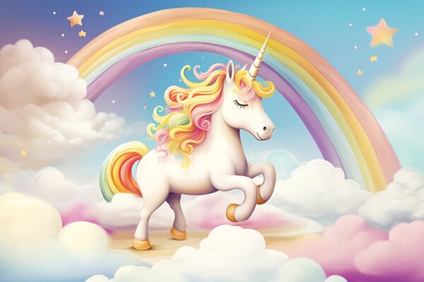 Carta da parati Unicorno con arcobaleno e nuvole, Carta da parati per Bambini, Carta da parati popolare, w08820 - Tapeko.it