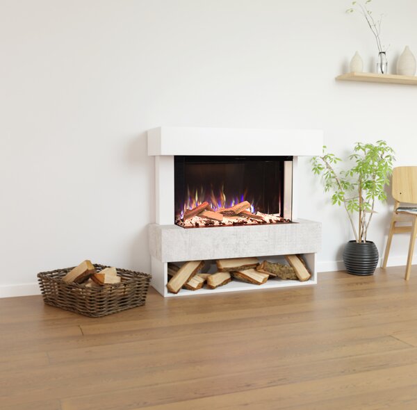 Caminetto elettrico Glow Fire 'PR5' | Caminetto a LED a stelo in bianco/calcestruzzo con riscaldamento (1500 W) | HxLxP: 111x102x35 cm