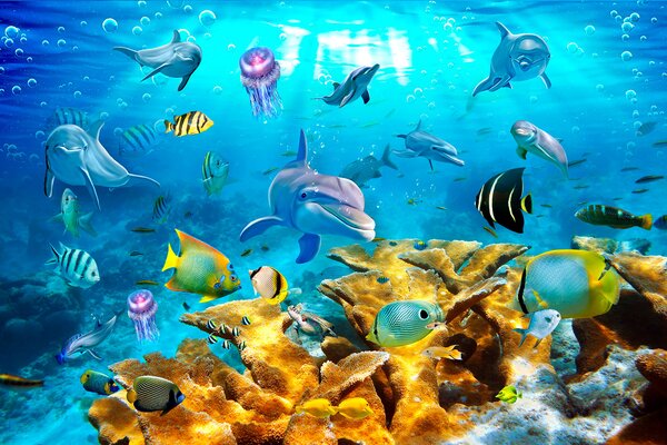 Carta da parati Gruppo di pesci che nuotano nell'acqua, Carta da parati Mare, Carta da parati popolare, u05625 - Tapeko.it