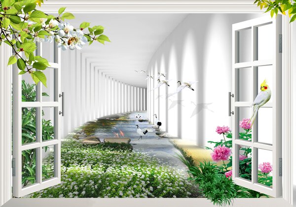 Carta da parati Finestra con vista su uno stagno e fiori, Carta da parati 3d, Carta da parati popolare, u06326 - Tapeko.it