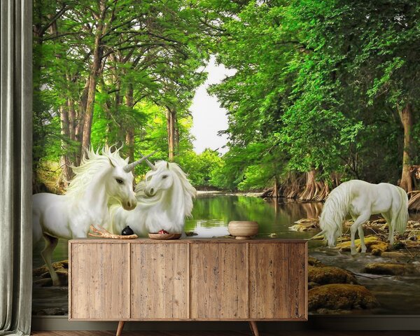 Carta da parati Gruppo di unicorni bianchi in un fiume, Carta da parati gli unicorni, Carta da parati popolare, u05099 - Tapeko.it