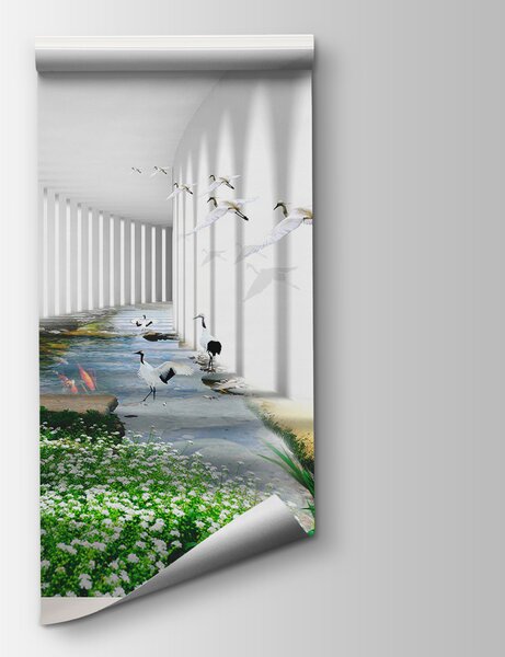 Carta da parati Finestra con vista su uno stagno e fiori, Carta da parati 3d, Carta da parati popolare, u06326 - Tapeko.it