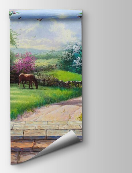 Carta da parati Dipinto di un paesaggio con un cavallo e una casa, Carta da parati popolare, Carta da parati popolare, u09760 - Tapeko.it