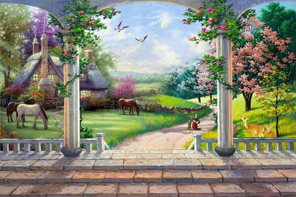 Carta da parati Dipinto di un paesaggio con un cavallo e una casa, Carta da parati popolare, Carta da parati popolare, u09760 - Tapeko.it