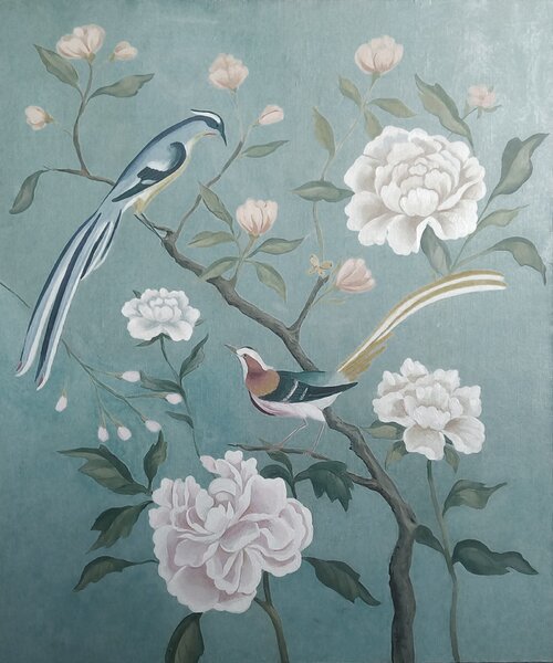 Carta da parati Pittura di uccelli su un ramo con fiori, Carta da parati Peonie, Carta da parati popolare, u14296 - Tapeko.it