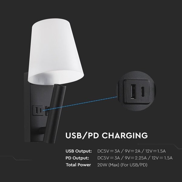 Applique LED da parete con porta USB, 2W, 230V, 3000K, nero/bianco