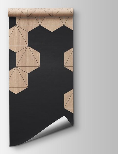 Carta da parati Legno e sfondo nero con esagoni, Carta da parati Geometriche, Carta da parati popolare, u19630 - Tapeko.it