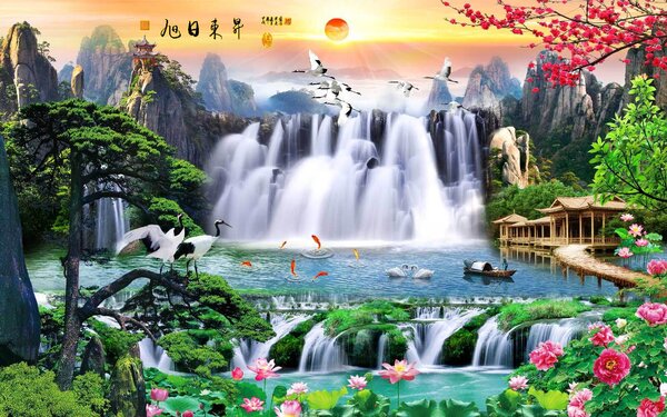 Carta da parati Cascata con uccelli e fiori, Carta da parati Natura, Carta da parati popolare, u23287 - Tapeko.it