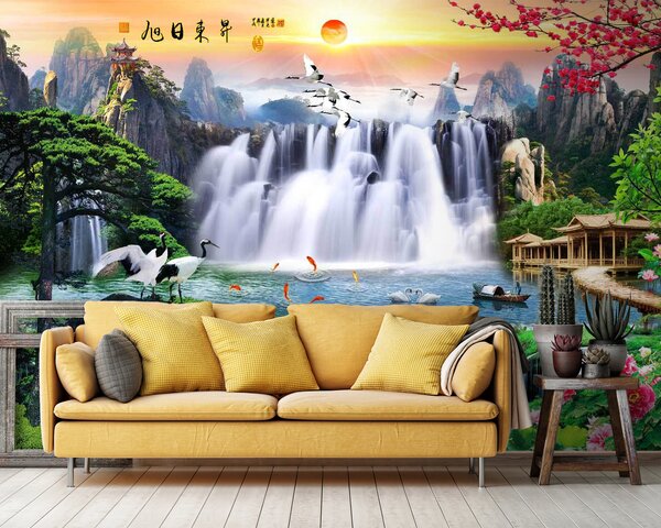 Carta da parati Cascata con uccelli e fiori, Carta da parati Natura, Carta da parati popolare, u23287 - Tapeko.it