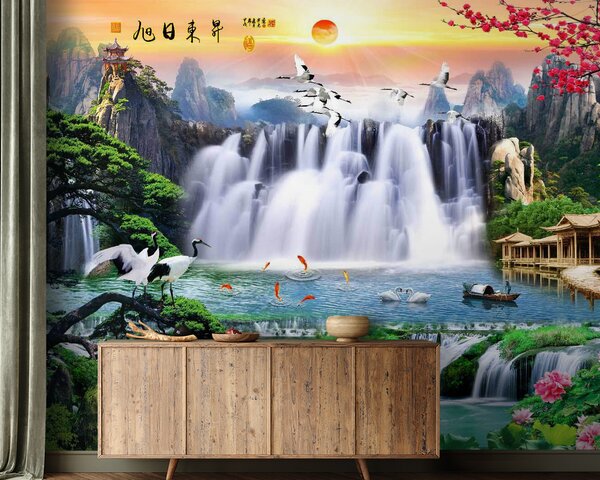 Carta da parati Cascata con uccelli e fiori, Carta da parati Natura, Carta da parati popolare, u23287 - Tapeko.it
