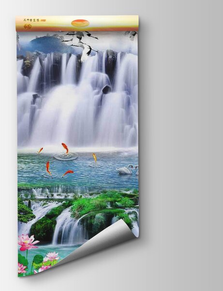 Carta da parati Cascata con uccelli e fiori, Carta da parati Natura, Carta da parati popolare, u23287 - Tapeko.it
