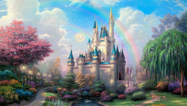 Carta da parati Castello con arcobaleno nel cielo, Carta da parati Nursery Forest, Carta da parati popolare, u25991 - Tapeko.it