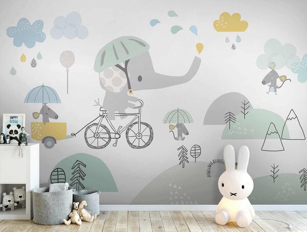 Carta da parati Elefante dei cartoni animati in bicicletta, Carta da parati Elefanti, Carta da parati popolare, u28124 - Tapeko.it