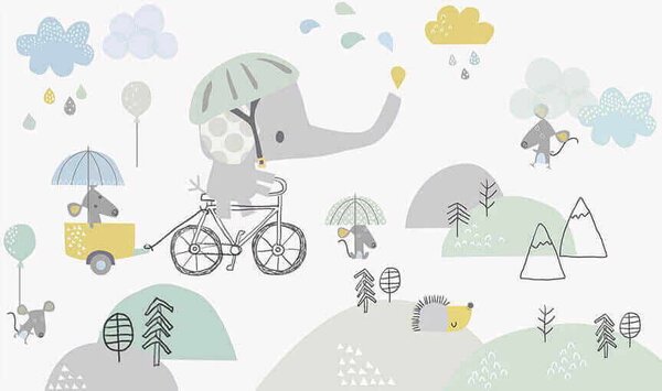 Carta da parati Elefante dei cartoni animati in bicicletta, Carta da parati Elefanti, Carta da parati popolare, u28124 - Tapeko.it