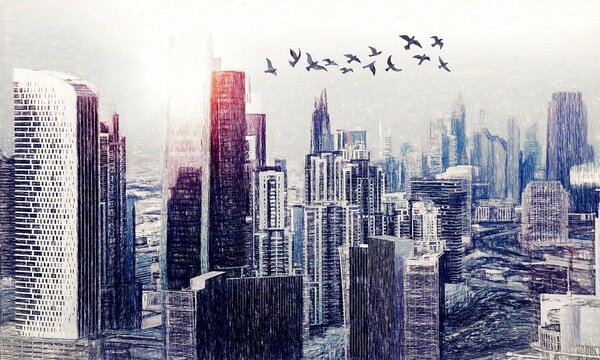 Carta da parati Uccelli in volo su una città, Carta da parati Architettura, Carta da parati popolare, u29199 - Tapeko.it