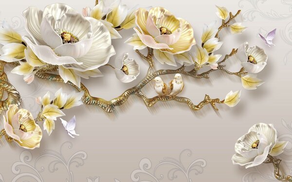 Carta da parati Carta da parati con fiori e uccelli, Carta da parati 3d fiori, Carta da parati popolare, u31662 - Tapeko.it