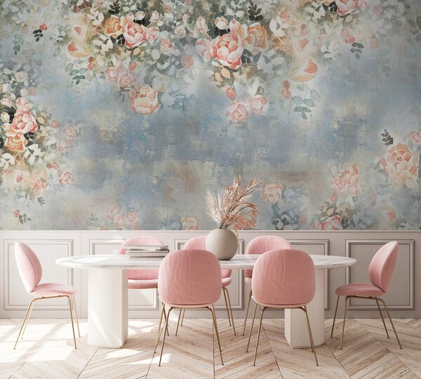 Carta da parati Pittura di fiori e foglie, Carta da parati Rose, Carta da parati popolare, u33804 - Tapeko.it