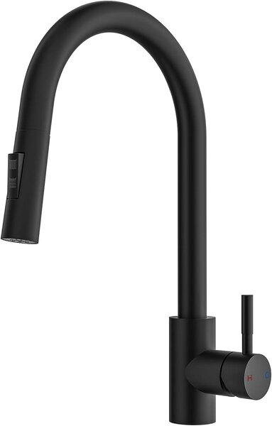 Rubinetto da cucina nero con doccetta estraibile, girevole a 360°, realizzato in acciaio inossidabile e dotato di due tipi di getto d'acqua