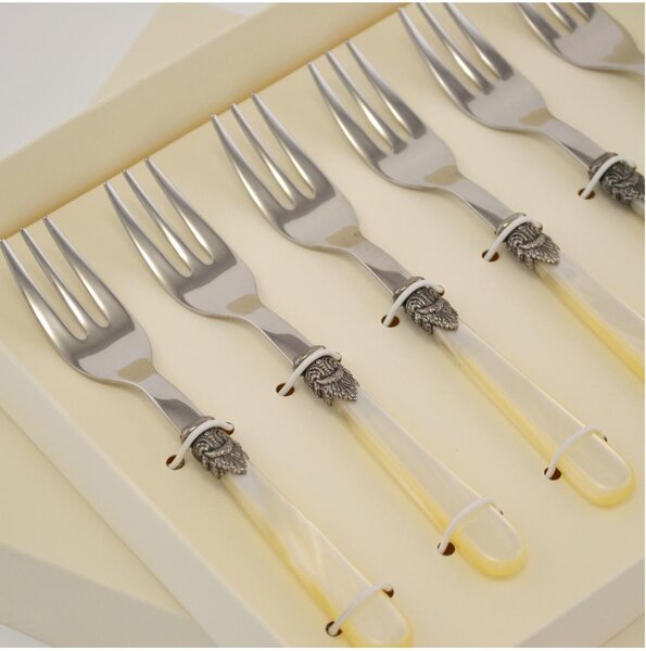 Confezione 6 Forchettine da Dolce NAPOLEON manicatura in acrilico con ghiera lunghezza 151 mm composizione in scatolata bomboniera serigrafata