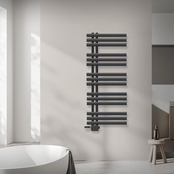 Radiatore da bagno LuxeBath Design, 500x1200 mm, antracite, set di collegamento termostatico ad angolo universale e passante, senza elemento riscaldante