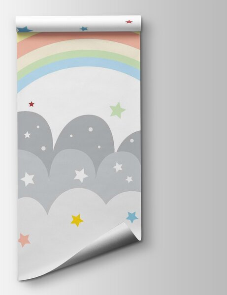 Carta da parati Arcobaleno e nuvole con sole e stelle, Carta da parati per Bambini, Carta da parati popolare, u47681 - Tapeko.it