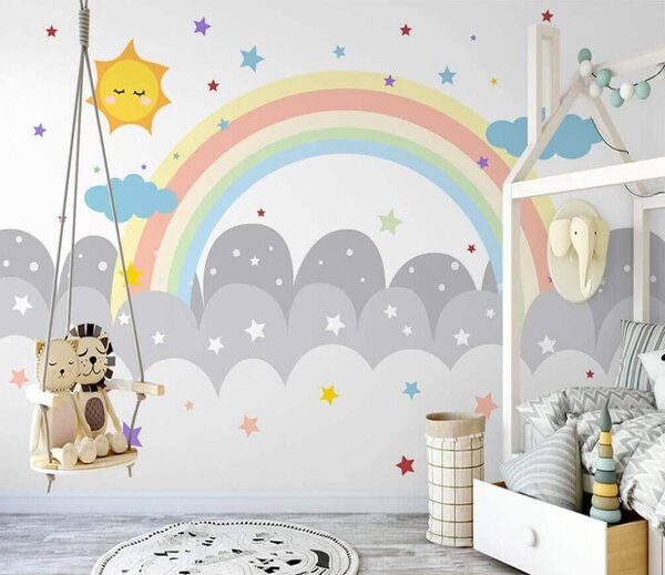 Carta da parati Arcobaleno e nuvole con sole e stelle, Carta da parati per Bambini, Carta da parati popolare, u47681 - Tapeko.it