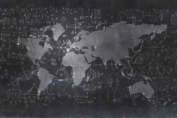 Carta da parati Lavagna con mappa ed equazioni matematiche, Carta da parati mappe del mondo, Carta da parati popolare, u50408 - Tapeko.it