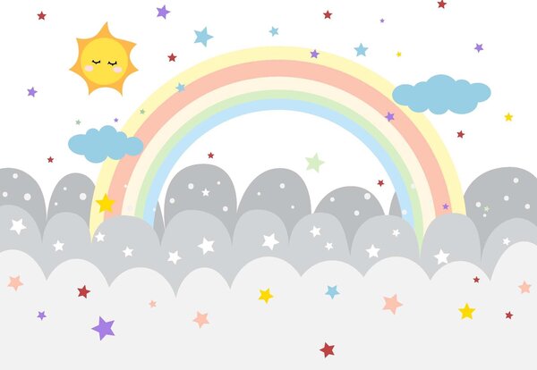 Carta da parati Arcobaleno e nuvole con sole e stelle, Carta da parati per Bambini, Carta da parati popolare, u47681 - Tapeko.it
