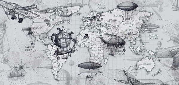 Carta da parati Mappa del mondo con diversi tipi di palloni aerostatici, Carta da parati mappe del mondo, Carta da parati popolare, u50413 - Tapeko.it