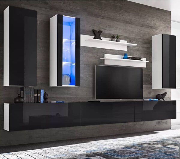 Set Parete Attrezzata Porta TV con Luci LED 8 pz Nero Lucido
