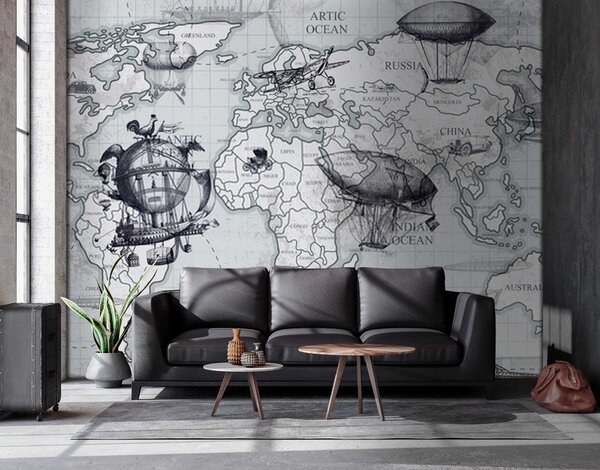 Carta da parati Mappa del mondo con diversi tipi di palloni aerostatici, Carta da parati mappe del mondo, Carta da parati popolare, u50413 - Tapeko.it