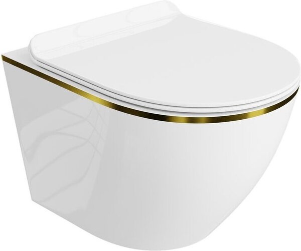 WC sospeso LAVITA Sofi Slim Gold Line | WC sospeso | con chiusura automatica e cerniere in metallo | WC sospeso senza brida | Vaso WC | Bianco/oro