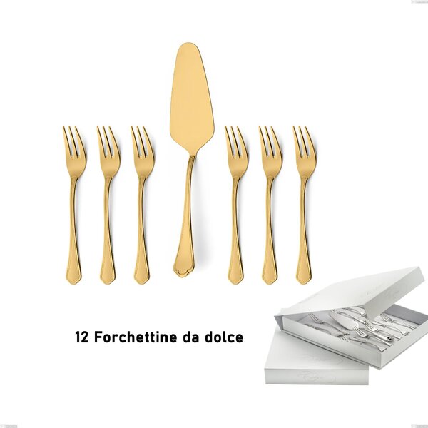 Confezione a libro 13 pezzi, forchettine pi� paletta dolce Domus Gold, Acciaio 18/10, spessore 3 mm