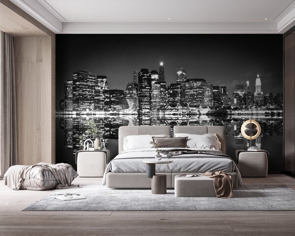 Carta da parati Lo skyline della città di notte con le luci che si riflettono sull'acqua, Carta da parati Architettura, Carta da parati popolare, u56970 - Tapeko.it