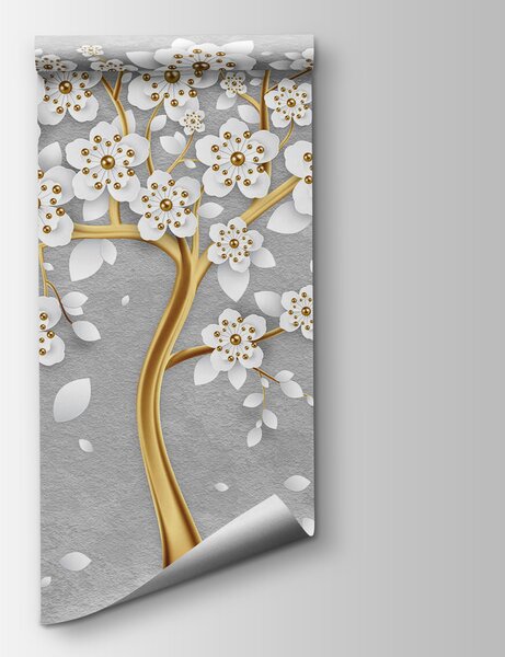 Carta da parati Albero con fiori e foglie bianche, Carta da parati 3d fiori, Carta da parati popolare, u59828 - Tapeko.it
