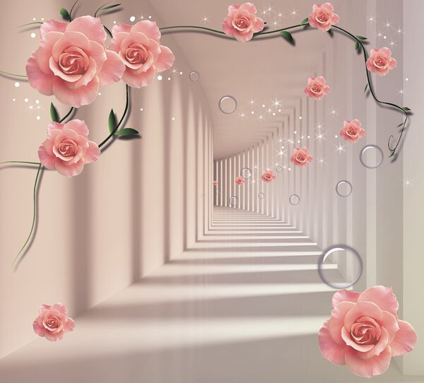 Carta da parati Carta da parati con rose rosa e scale bianche, Carta da parati 3d fiori, Carta da parati popolare, u60194v3 - Tapeko.it