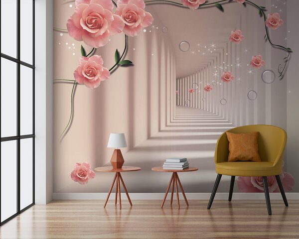 Carta da parati Carta da parati con rose rosa e scale bianche, Carta da parati 3d fiori, Carta da parati popolare, u60194v3 - Tapeko.it