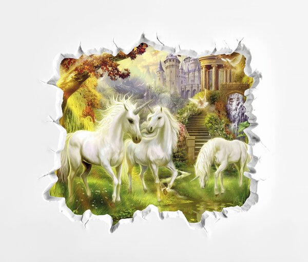 Carta da parati Muro con castello e unicorni, Carta da parati gli unicorni, Carta da parati popolare, u60025 - Tapeko.it