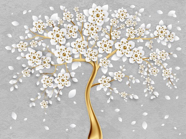 Carta da parati Albero con fiori e foglie bianche, Carta da parati 3d fiori, Carta da parati popolare, u59828 - Tapeko.it